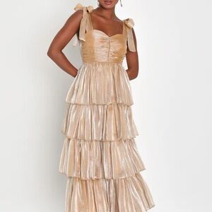 Lulus Radiant Arrival Shiny Gold Organza Tiered Tie-Strap Maxi Dress